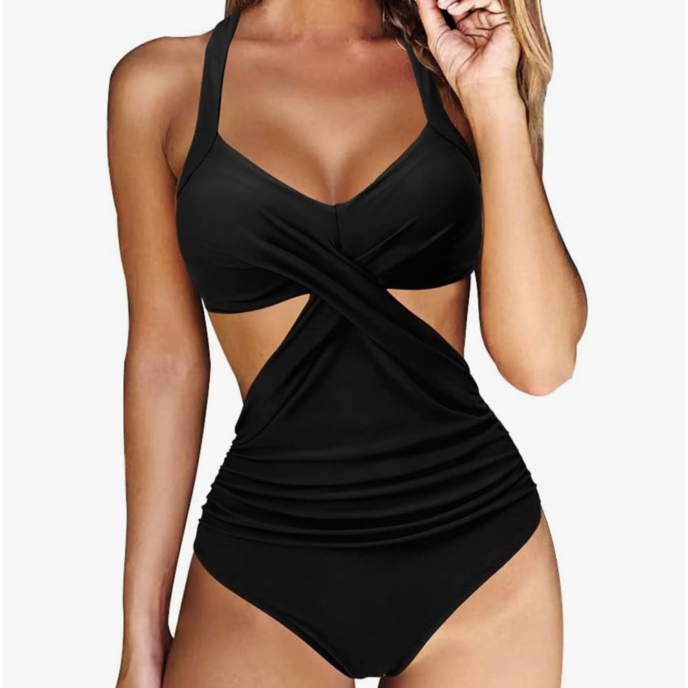 🩱NWT Women Front Cross CutOut Swimsuit Tummy Control High Waisted Monokini Black